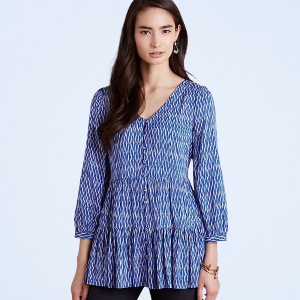 ANTHROPOLOGIE MAEVE Blue & White Tiered Button‎ Tunic Top XS